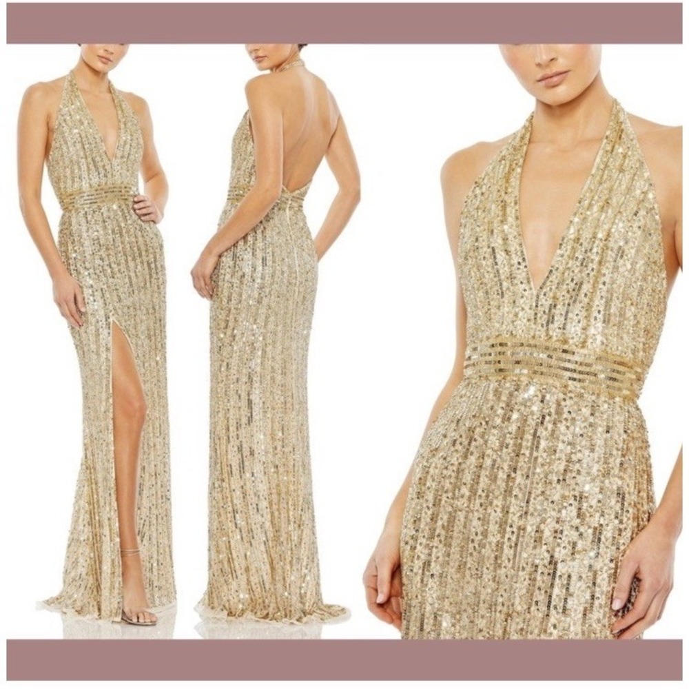 Mac Duggal 5759 Evening Dress ~ Halter Strap Trumpet Gold‎ Sequined Gown Size 16